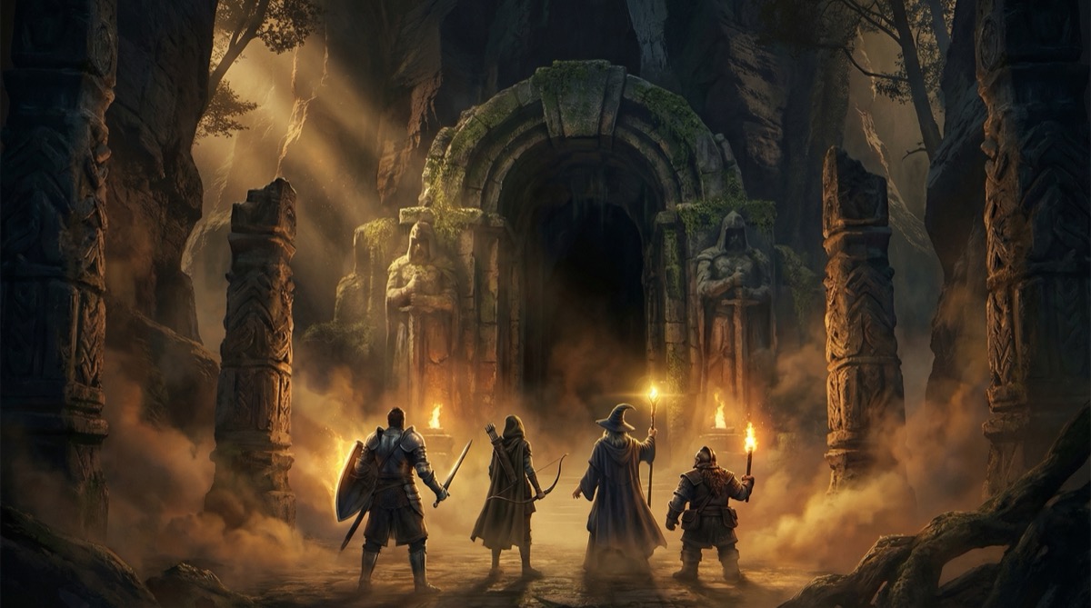 An adventuring party of four heroes approaching an ancient dungeon entrance illuminated by golden torchlight
